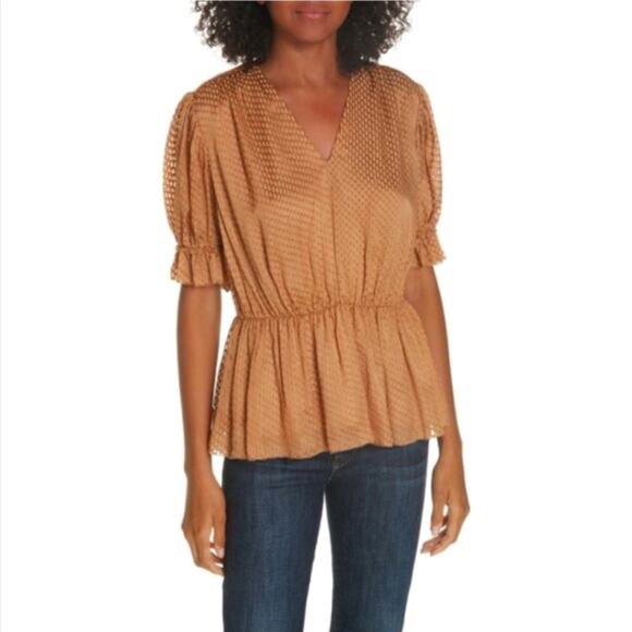 Lewit Silk V Neck Short Sleeve Tan Gold Peplum Blouse Size S - Picture 12 of 13